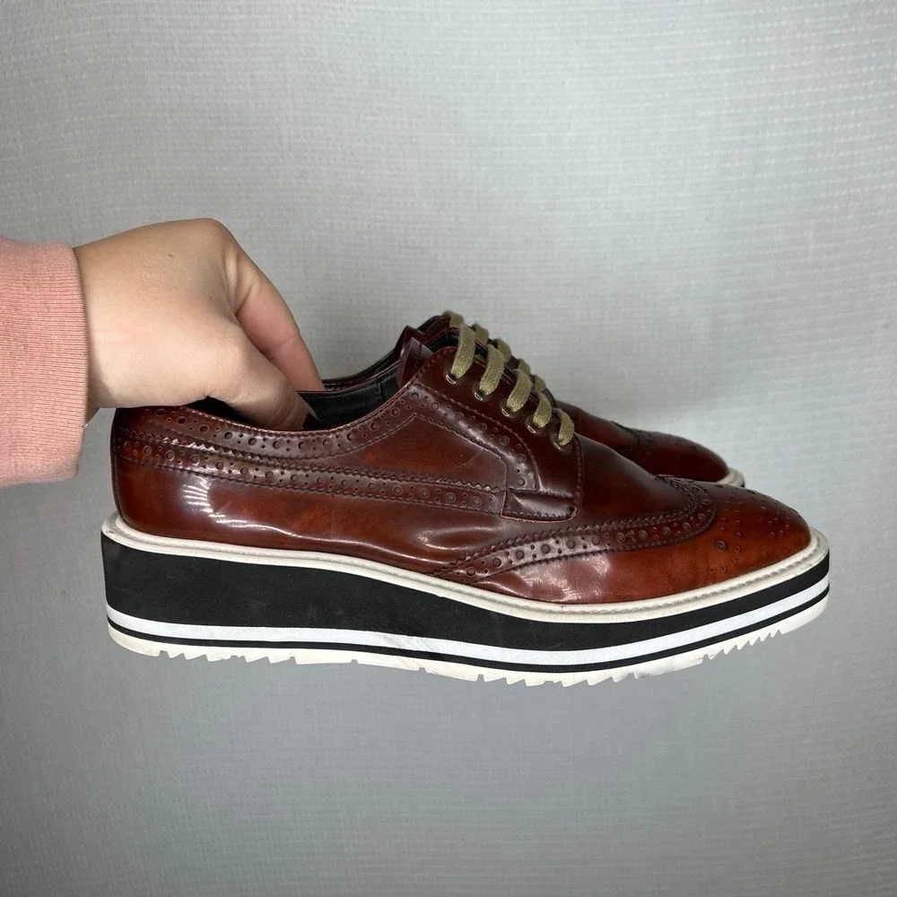 PRADA‎ Designer Men's Brown Leather Wingtip Platform Brogues Dress Shoes Size 39
